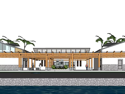Modern Building Exterior With Wooden Walkway Palm Trees People Walking And Waterfront Area 3d model