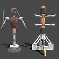 Wooden Metal Training Weapon Target With Humanoid Structure And Multiple Knives On Stand Rack