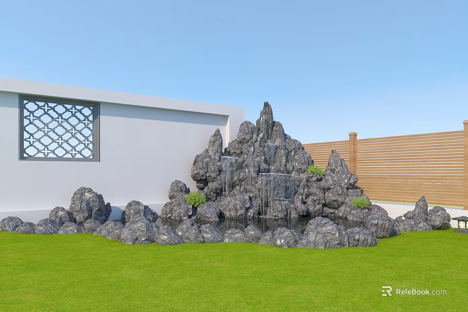 Natural Rockery Stones with Waterfall and Small Plants in Outdoor Lawn Landscape 3d model 