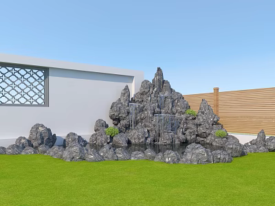 Natural Rockery Stones with Waterfall and Small Plants in Outdoor Lawn Landscape 3d model