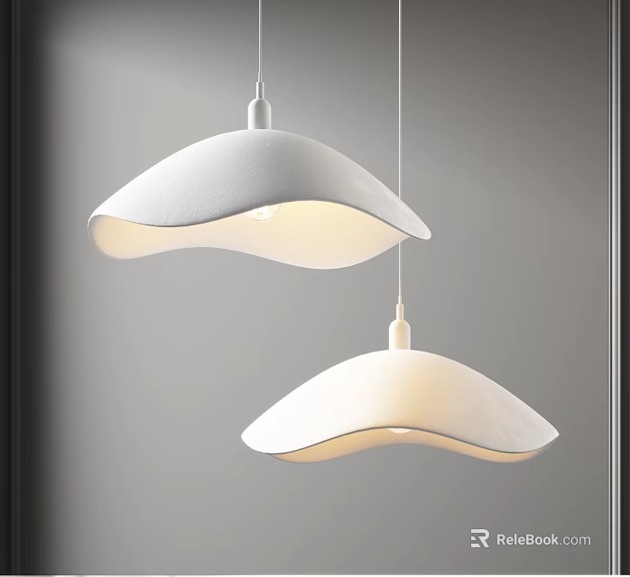 Two Modern White Wavy Pendant Lights Hanging In Minimalist Interior Space 3d model 