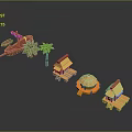 Tropical Beach Hut Buildings With Palm Trees Wooden Boat And Round Pavilion