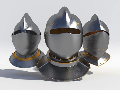 Three Medieval Metal Knight Helmets With Spiked Tops Gold Trim And Rivets 3d model