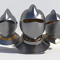 Three Medieval Metal Knight Helmets With Spiked Tops Gold Trim And Rivets