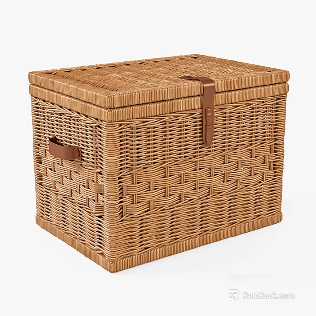 Handcrafted Wicker Storage Box With Woven Texture Leather Strap And Lid 3d model 