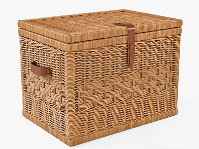 Handcrafted Wicker Storage Box With Woven Texture Leather Strap And Lid 3d model