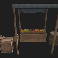 Wooden Fruit Stall with Gray Canopy and Crates of Fresh Fruits Beside Barrel