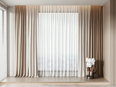 Modern Interior Beige Curtains With White Sheer Layer And Window View 3d model