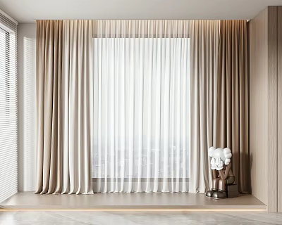 Modern Interior Beige Curtains With White Sheer Layer And Window View 3d model