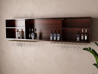Stylish Wall Mounted Wooden Wine Cabinet With Wine Bottles And Hanging Glasses 3d model