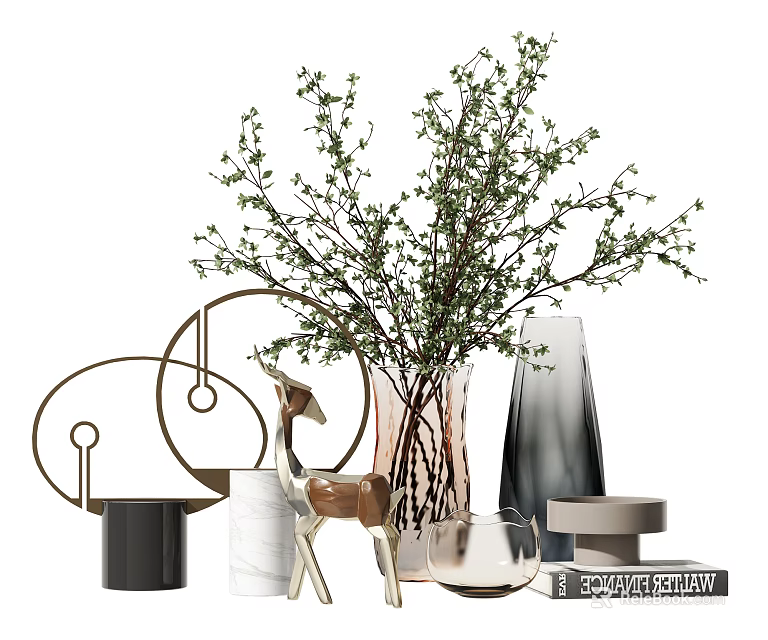 Modern Decorative Ornament Set With Green Foliage Marble Vases Deer Figurine And Circular Metal Decor 3d model 