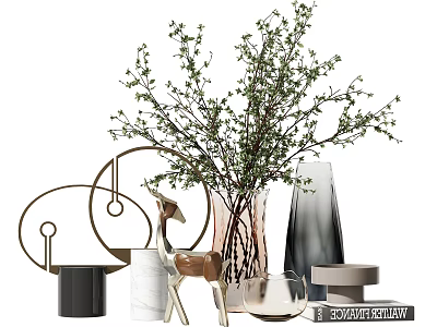 Modern Decorative Ornament Set With Green Foliage Marble Vases Deer Figurine And Circular Metal Decor 3d model