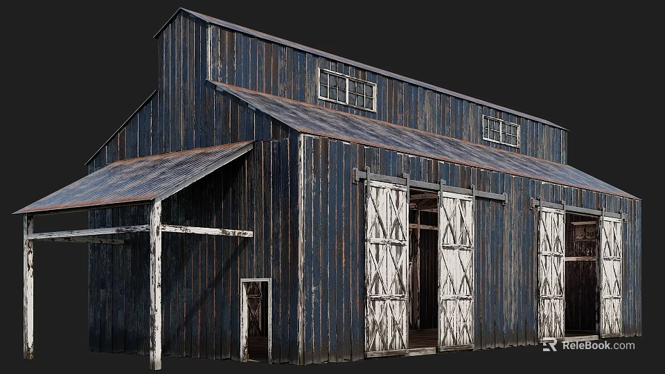 Old Barn Building With Blue Wooden Exterior Weathered Texture And Metal Roof 3d model 