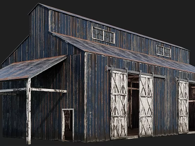 Old Barn Building With Blue Wooden Exterior Weathered Texture And Metal Roof 3d model