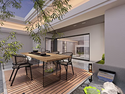 Home Balcony Outdoor Relaxation Space With Wooden Deck Green Plants And Rattan Chairs 3d model