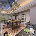 Home Balcony Outdoor Relaxation Space With Wooden Deck Green Plants And Rattan Chairs