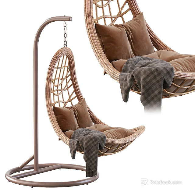 Woven Rattan Hanging Chair With Metal Stand Soft Cushions And Plaid Blanket 3d model 