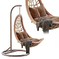 Woven Rattan Hanging Chair With Metal Stand Soft Cushions And Plaid Blanket