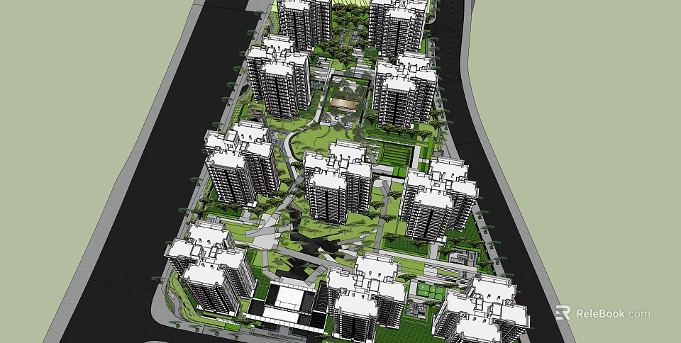 Residential Community Landscape With High Rise Buildings Green Gardens And Pathways 3d model 