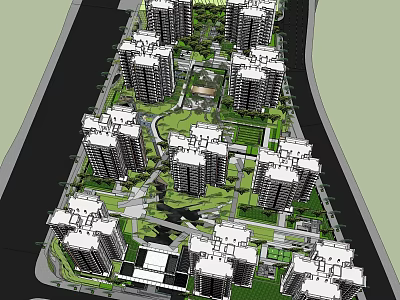 Residential Community Landscape With High Rise Buildings Green Gardens And Pathways 3d model
