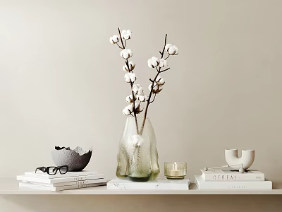 Decorative Ornament Set With Light Green Vase Cotton Branches Books And Cup On White Shelf 3d model
