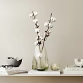Decorative Ornament Set With Light Green Vase Cotton Branches Books And Cup On White Shelf