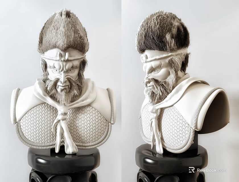Vintage Warrior Bust Statue Decorative Ornament Set With Fur Headpiece Detailed Armor And Black Base 3d model 