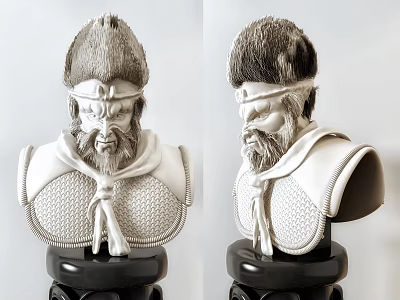 Vintage Warrior Bust Statue Decorative Ornament Set With Fur Headpiece Detailed Armor And Black Base 3d model