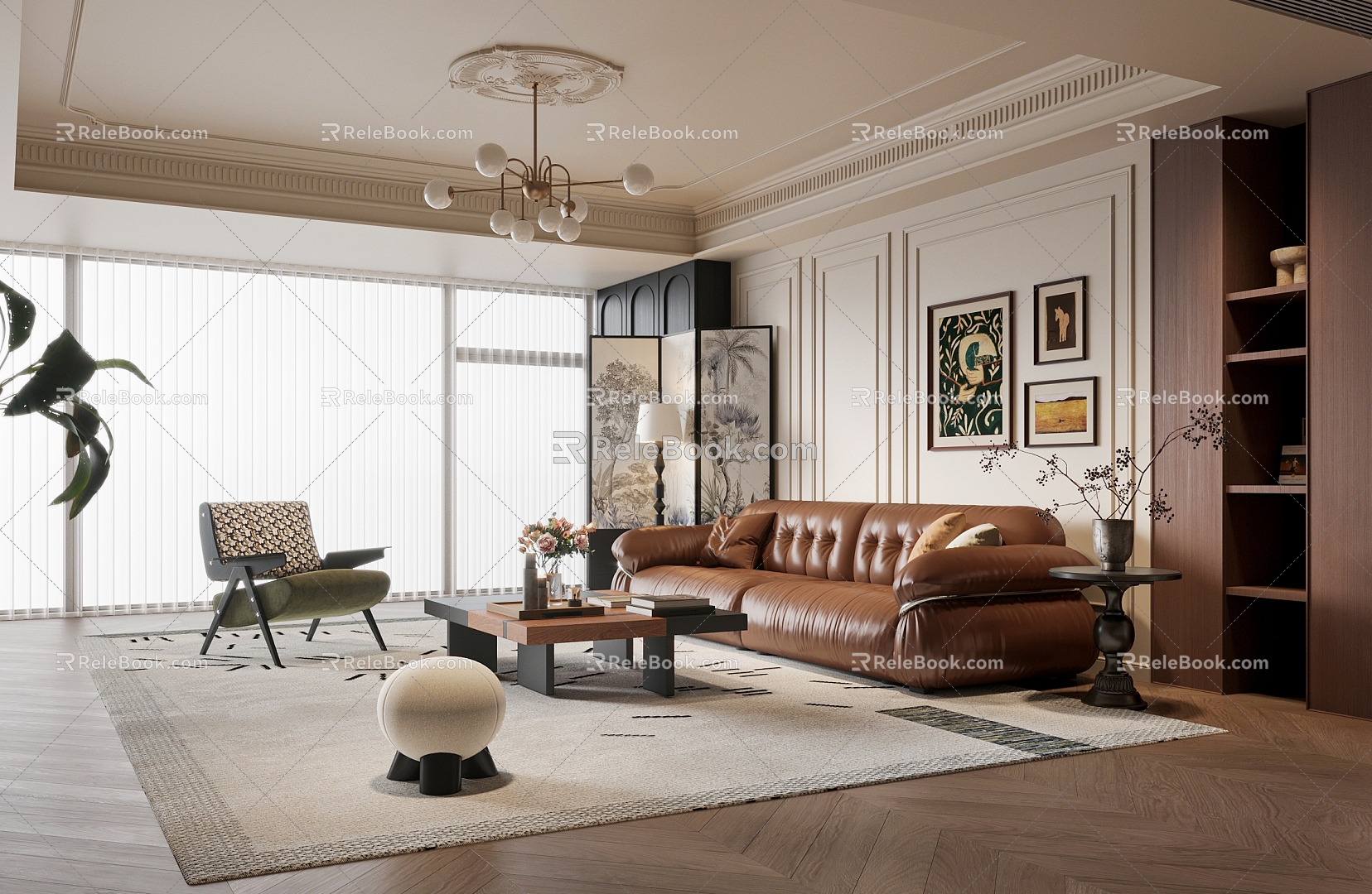 French Middle-style Living Room Leather Sofa Coffee Table Combination Floor Lamp Screen Casual Chair 3d model