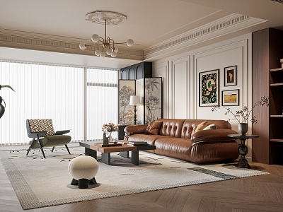 French Middle-style Living Room Leather Sofa Coffee Table Combination Floor Lamp Screen Casual Chair 3d model