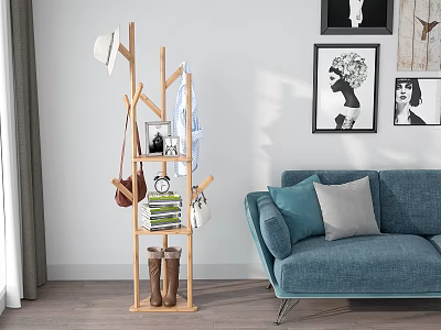 Wooden Tree Shaped Coat Rack With Books Boots And Blue Sofa In Living Room 3d model