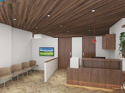 Modern Reception Area With Wooden Ceiling Reception Desk Waiting Chairs TV Screen And Green Plant 3d model