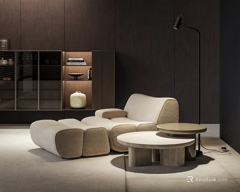 Modern Beige Single Sofa With Round Coffee Tables And Dark Wood Cabinet Design 3d model 