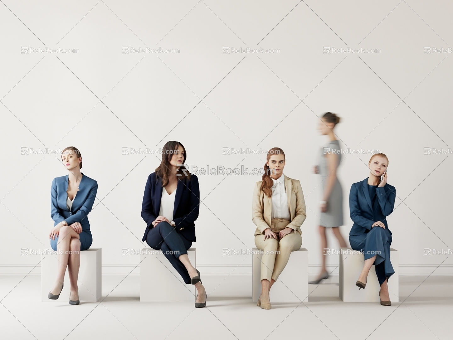 Modern Multiplayer Female Character Combination Uniform Suit Suit Office Female Elegant and Dame Character Sitting and Walking 3d model