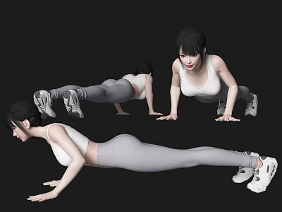 Woman Doing Plank Exercise In Different Positions With White Tank Top Gray Leggings And Sneakers 3d model