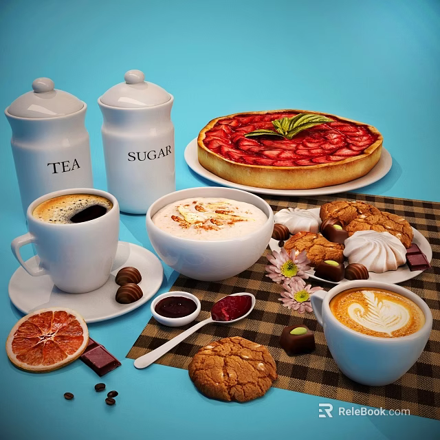 Delicious Afternoon Tea Food Spread With Strawberry Tart Coffee Latte Cookies Cream Dessert And Chocolate 3d model 