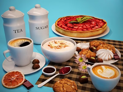 Delicious Afternoon Tea Food Spread With Strawberry Tart Coffee Latte Cookies Cream Dessert And Chocolate 3d model