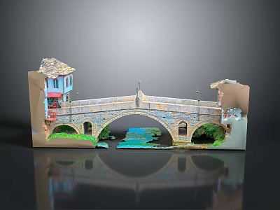 Detailed Arch Bridge Model Scene With Traditional Houses Green Plants And Water 3d model