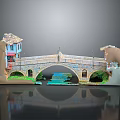 Detailed Arch Bridge Model Scene With Traditional Houses Green Plants And Water