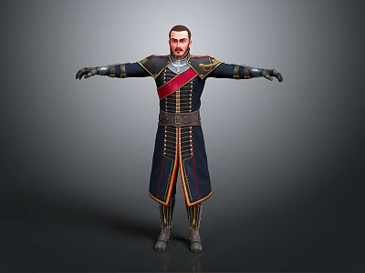 Game and Movie Character in Black Military Style Outfit with Red Sash and Outstretched Arms 3d model
