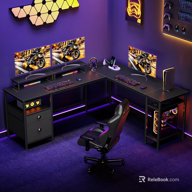Modern Gaming Shelves With LED Lighting For Computer Setup And Accessories 3d model 