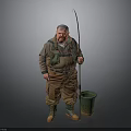 Fisherman Wearing Fishing Gear Holding Rod Near Green Bucket and Muddy Pants
