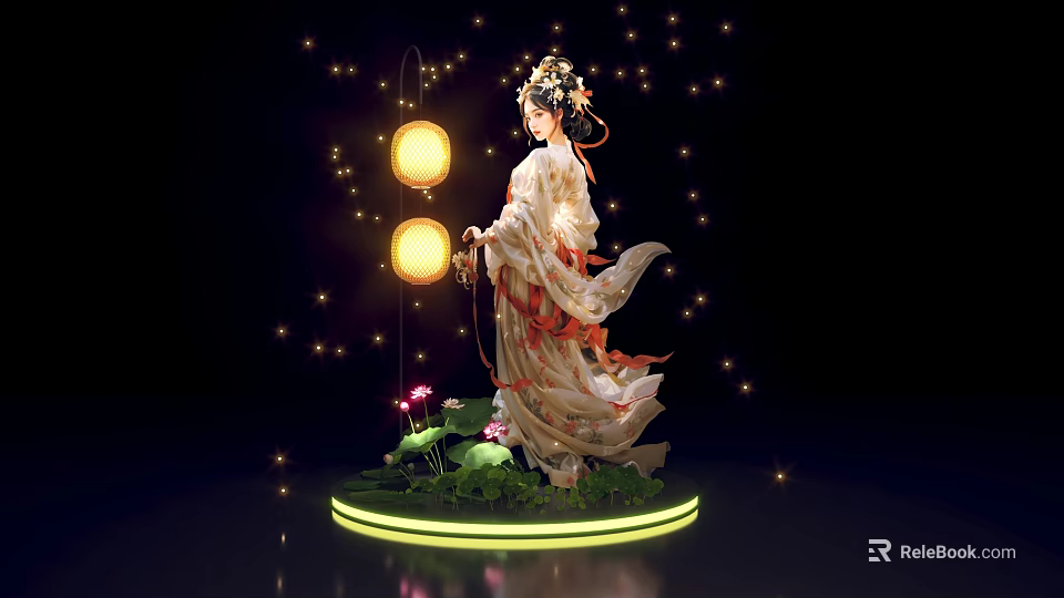Traditional Hanfu Female Figure With Yellow Lanterns Stars And Lotus Flowers On Glowing Base 3d model 