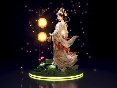 Traditional Hanfu Female Figure With Yellow Lanterns Stars And Lotus Flowers On Glowing Base 3d model