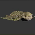Detailed 3D Mountainous Terrain Model With Lush Vegetation And Small Buildings