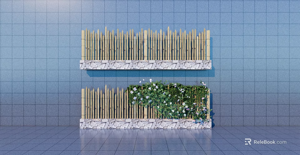 Garden Wall with Bamboo Fence Stone Base Green Vines White Flowers on Blue Tiled Wall 3d model 