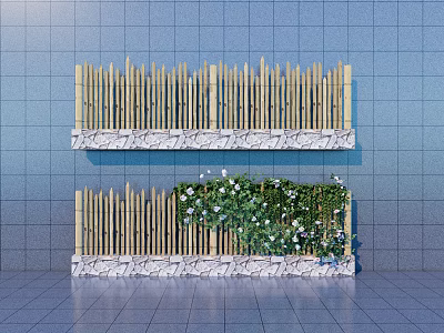 Garden Wall with Bamboo Fence Stone Base Green Vines White Flowers on Blue Tiled Wall 3d model