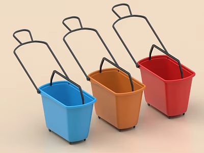 Colorful Plastic Mop Buckets With Black Handles And Wheels Blue Orange Red For Home Cleaning 3d model
