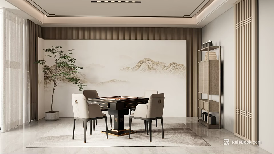 Elegant Hotel Mahjong Room Interior With Mountain Landscape Wall Art Comfortable Chairs And Wooden Table 3d model