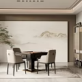 Elegant Hotel Mahjong Room Interior With Mountain Landscape Wall Art Comfortable Chairs And Wooden Table 3d model
